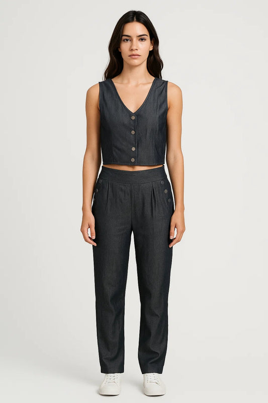 Completo blu navy elegante | Top corto con bottoni dorati e pantaloni dritti