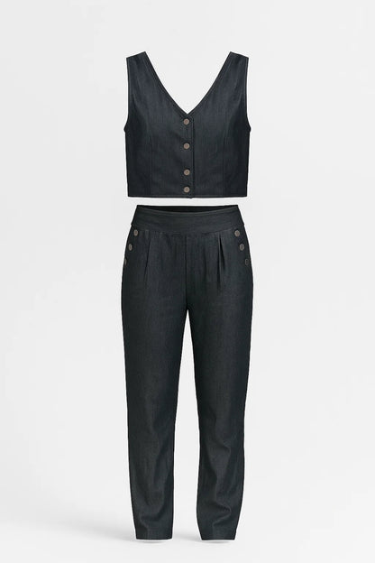 Completo blu navy elegante | Top corto con bottoni dorati e pantaloni dritti