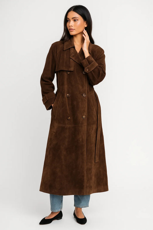 Trench lungo in simil scamosciato | Elegante, strutturato e senza tempo