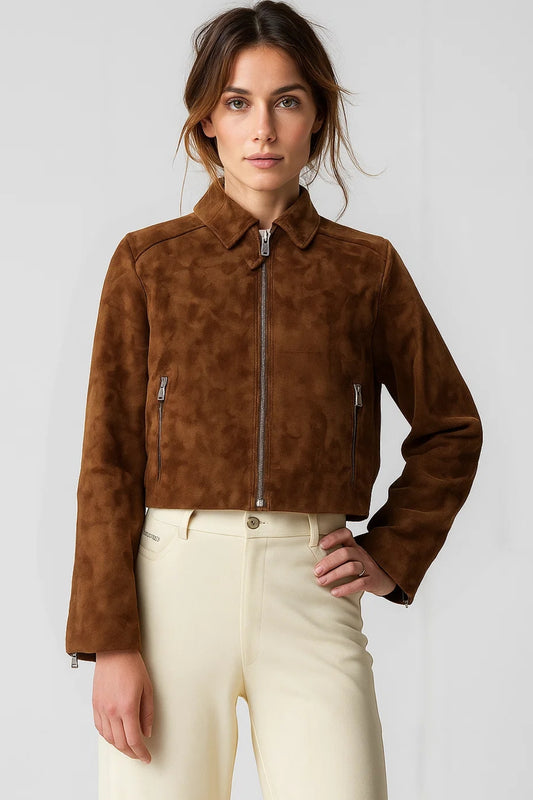 Giacca corta in simil camoscio | Zip frontale | Stile minimal