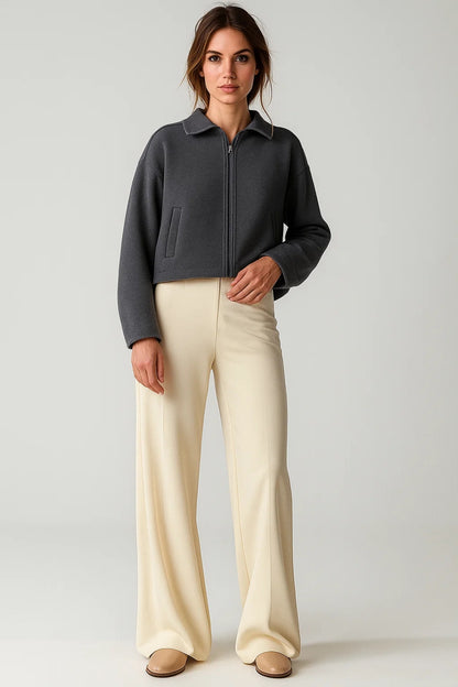 Giacca corta in pile grigio scuro | Zip frontale | Stile casual