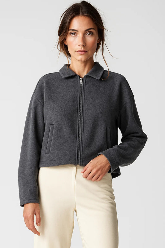 Giacca corta in pile grigio scuro | Zip frontale | Stile casual