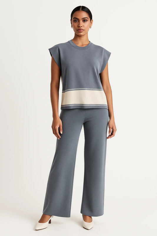 Completo senza maniche in tessuto leggero con pantaloni cropped | Grigio con fascia a contrasto