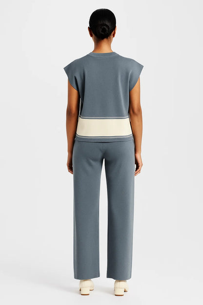 Completo senza maniche in tessuto leggero con pantaloni cropped | Grigio con fascia a contrasto