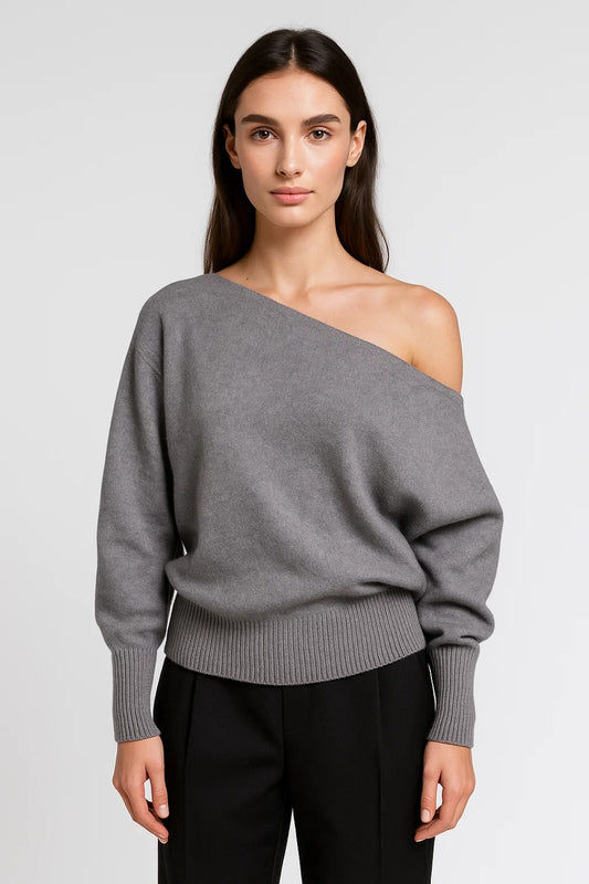 Maglione morbido con spalla scoperta | Taglio asimmetrico | Grigio antracite