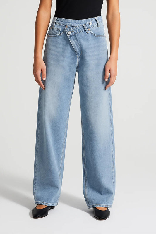 Jeans a gamba larga con chiusura asimmetrica | Vita alta | Denim blu scuro o chiaro