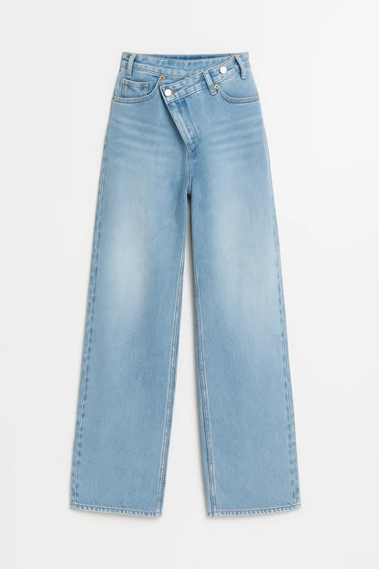 Jeans a gamba larga con chiusura asimmetrica | Vita alta | Denim blu scuro o chiaro