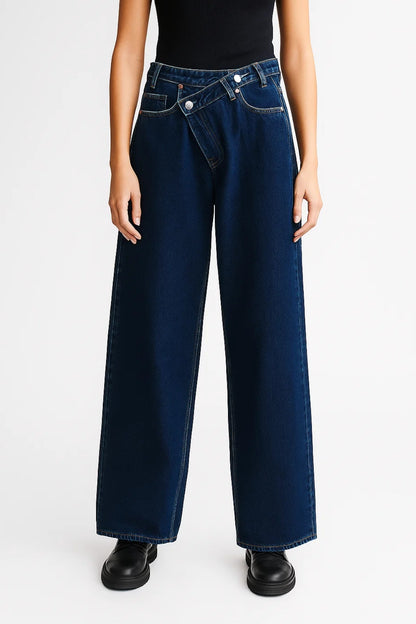 Jeans a gamba larga con chiusura asimmetrica | Vita alta | Denim blu scuro o chiaro