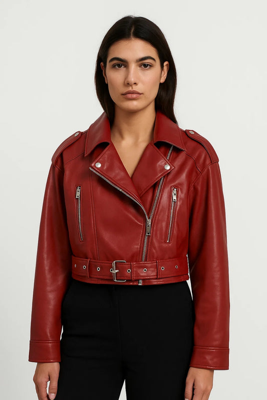 Giacca biker corta in ecopelle | Design strutturato | Chiusura con cintura