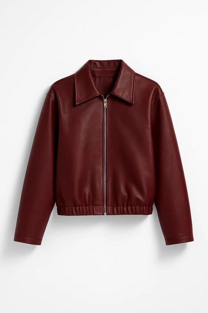 Giacca corta in ecopelle bordeaux | Colletto classico | Look elegante e moderno