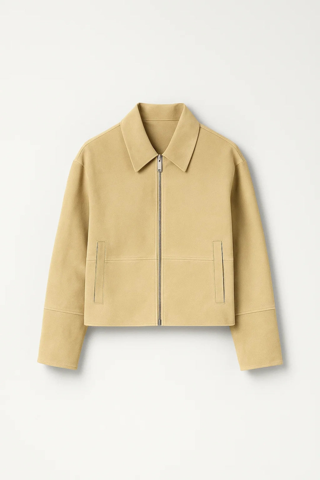 Giacca corta beige con zip frontale e colletto classico