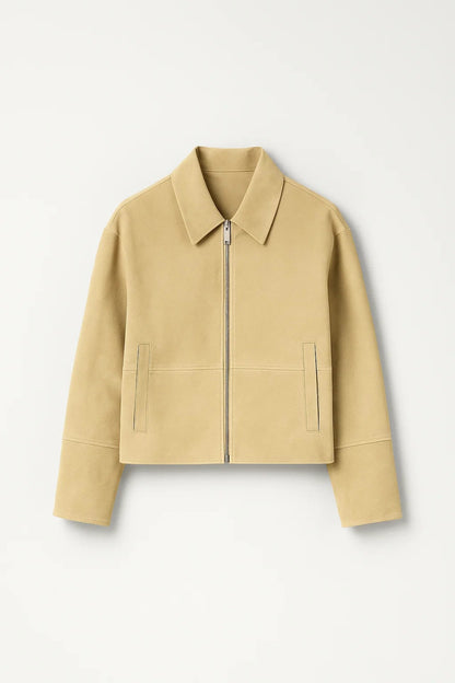 Giacca corta beige con zip frontale e colletto classico