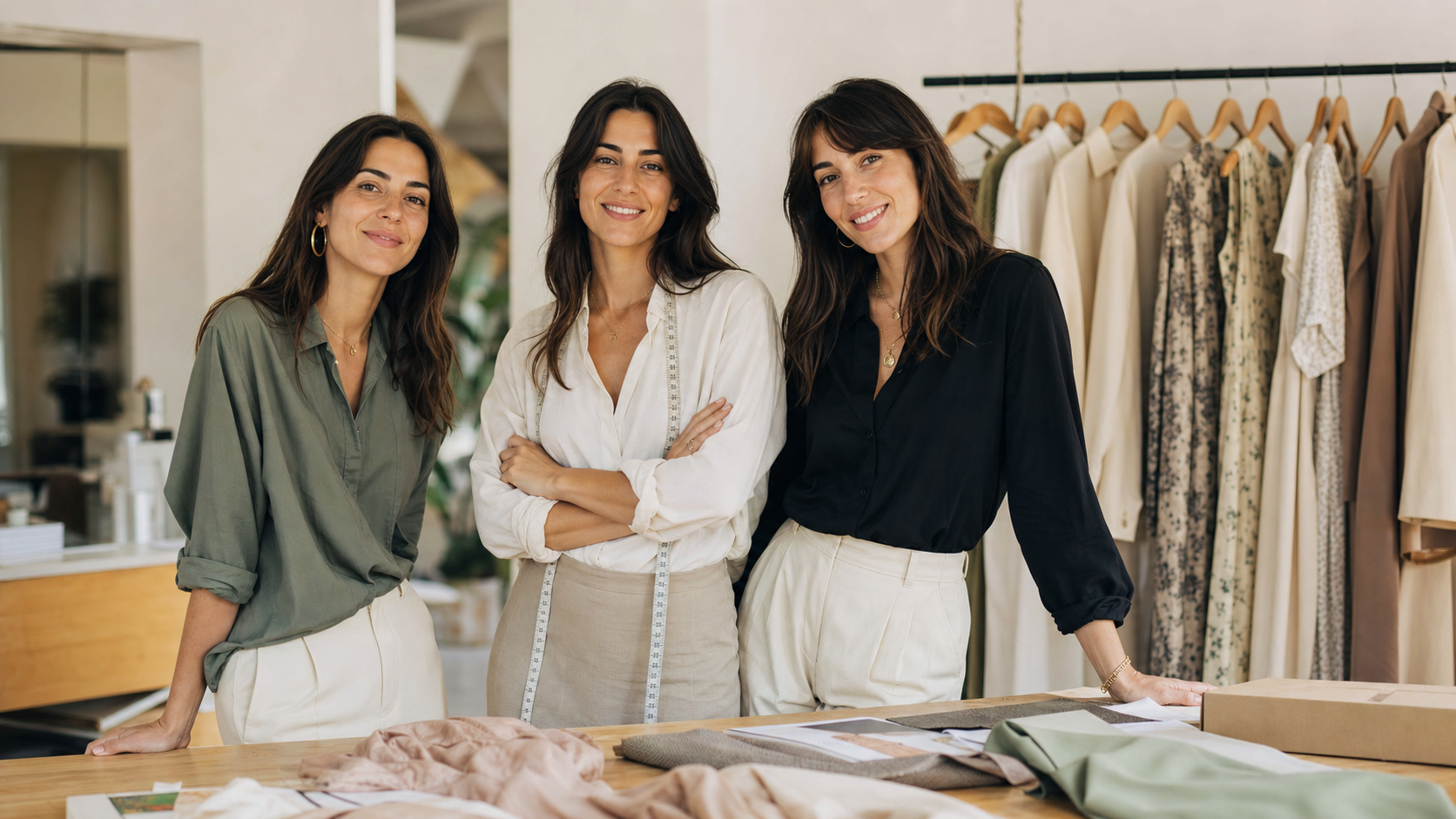Team Cavacelli in atelier con una selezione di abiti